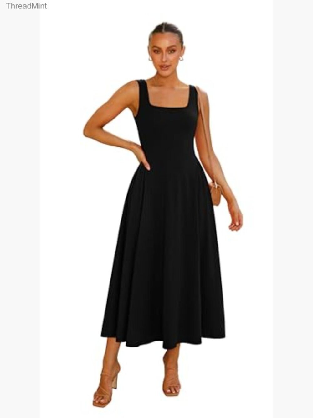 Square Neck Corset A-Line Maxi Dress Ruffle Ruched Waist Midi - Picture 2 of 7
